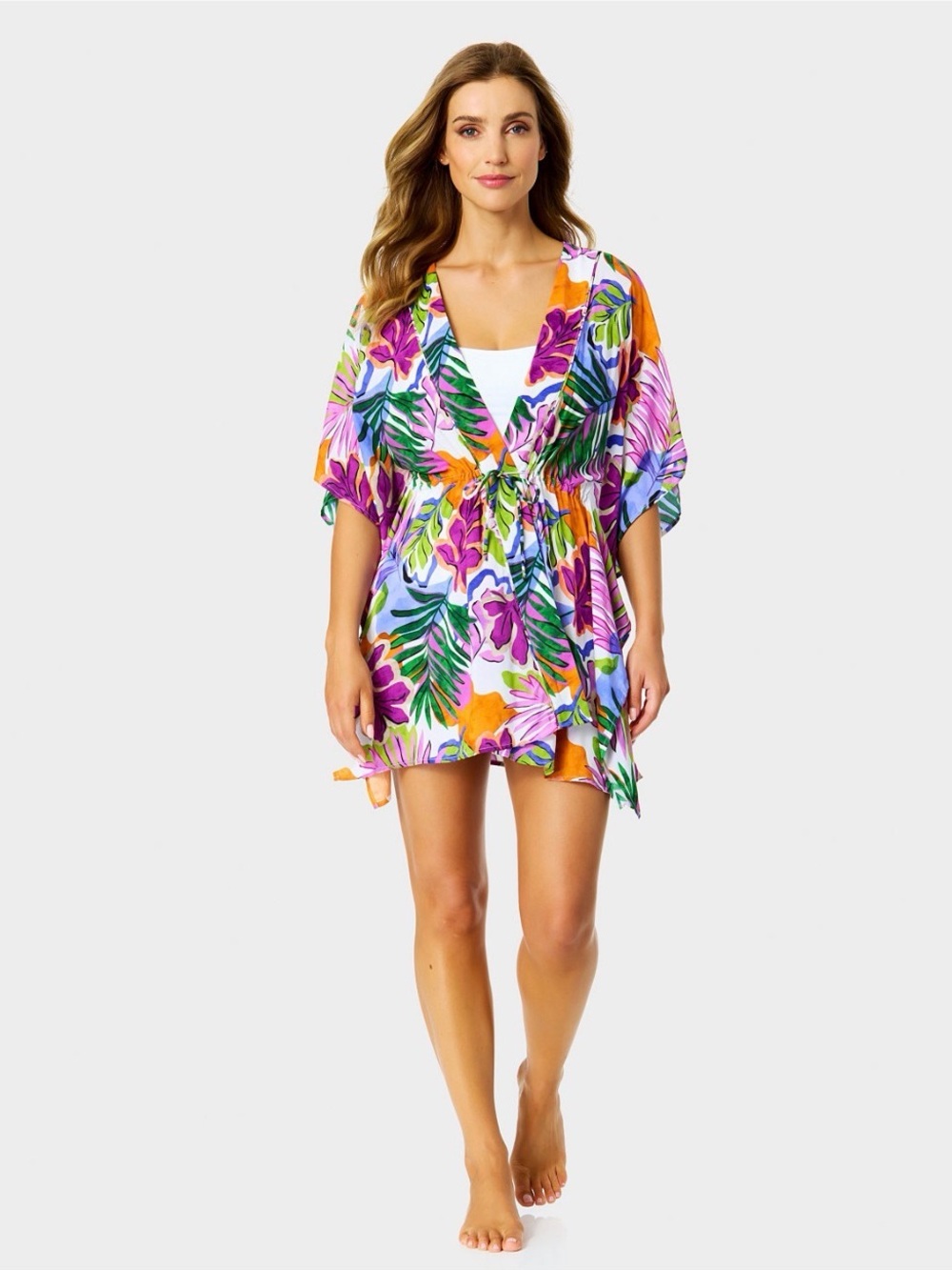 Anne Cole Tropical Floral Tie-Front Swim Coverup in Purple & Orange